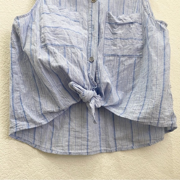 MICHAEL KORS Blue Striped Chambray Front Tie Linen Blend Sleeveless Top Size XL - Picture 7 of 12